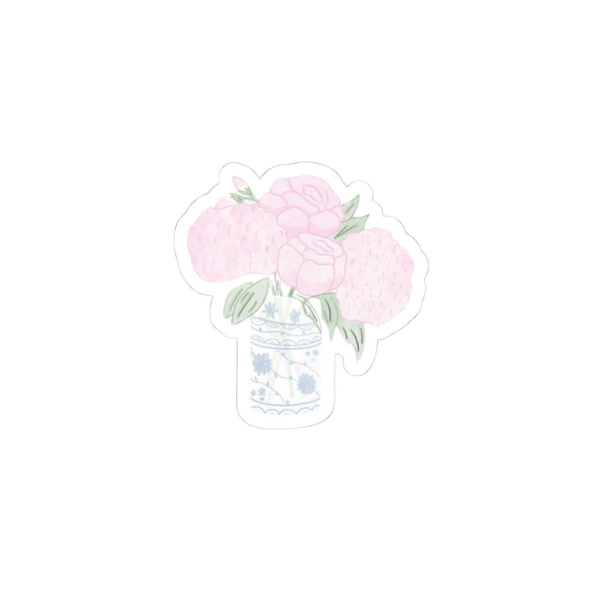 Pink peony flower bouquet sticker with a patterned teacup