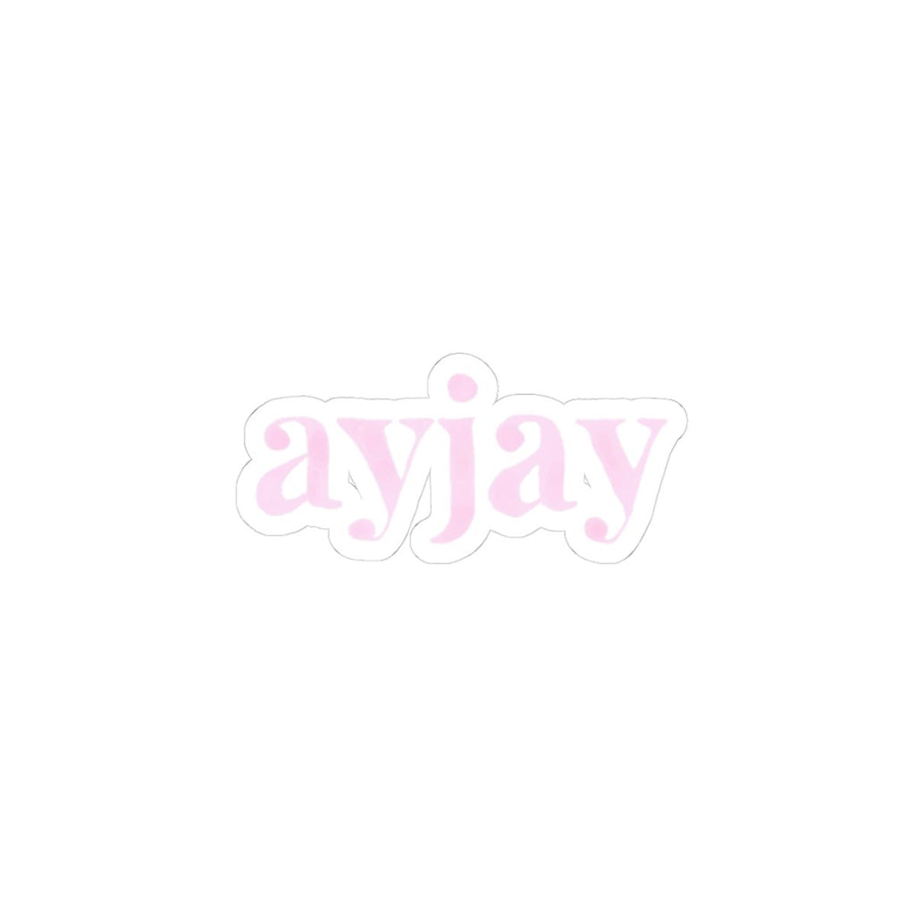 AYJAY logo sticker, pink script with white outline, die-cut