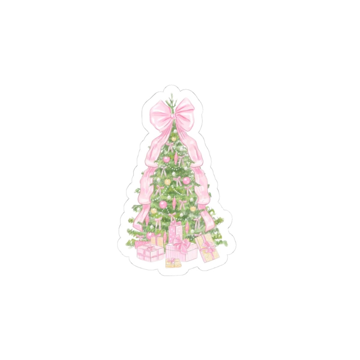 Pink bow Christmas tree sticker with ornaments and wrapped gift boxes