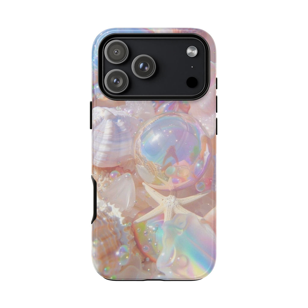 Iridescent bubble pearl shell phone case, iridescent back with camera openings
