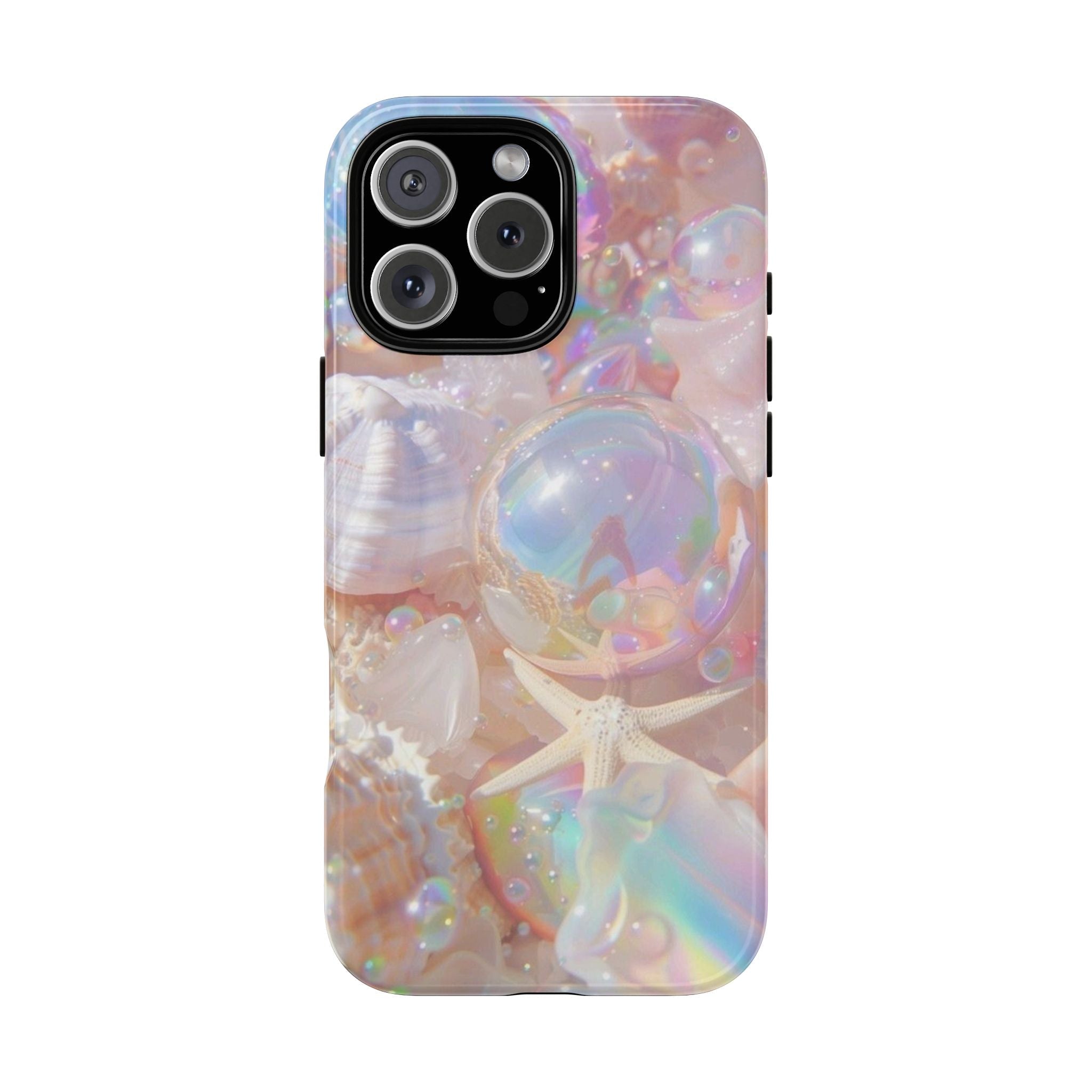 Iridescent bubble pearl shell phone case with camera cutout, iridescent clear back