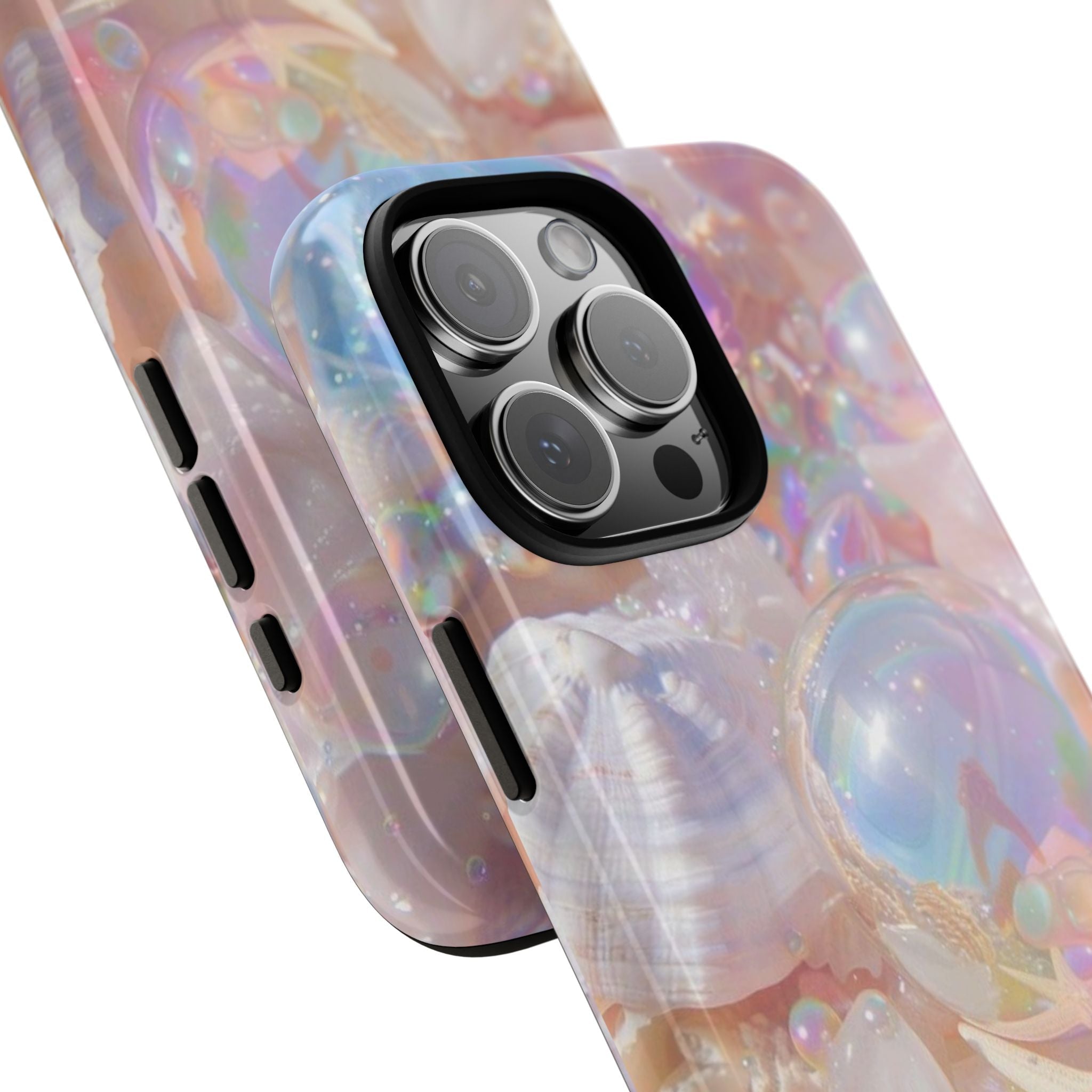 Iridescent bubble pearl shell phone case, angled side view with camera module