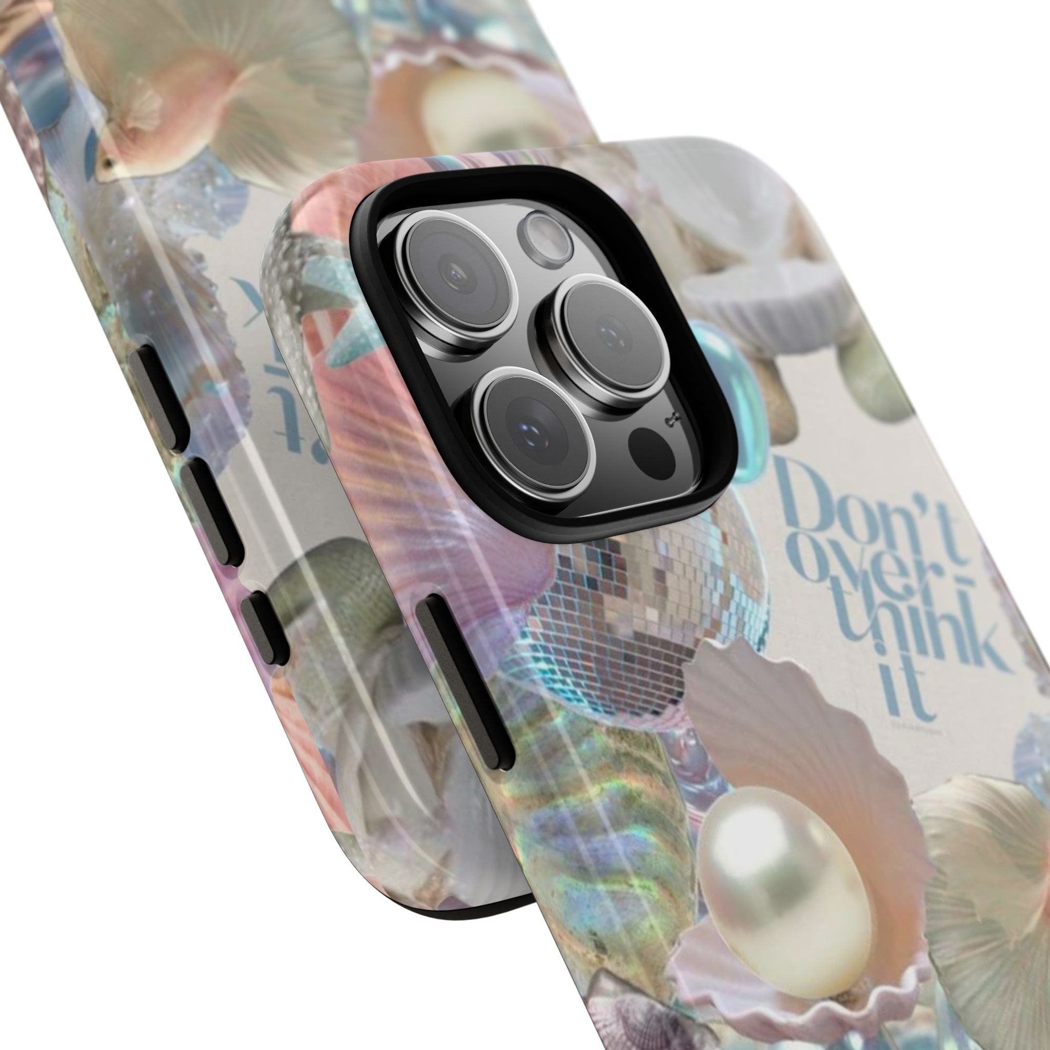 Angled iridescent pearl phone case with shell collage; camera lens openings visible