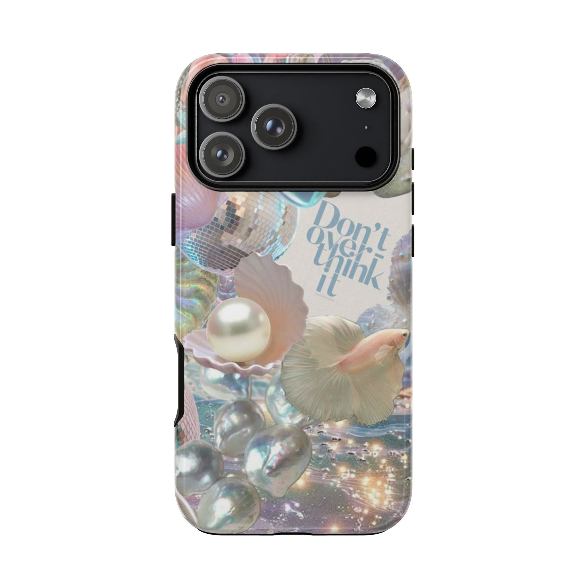 Iridescent pearl phone case with shell collage and rainbow shimmer; camera openings