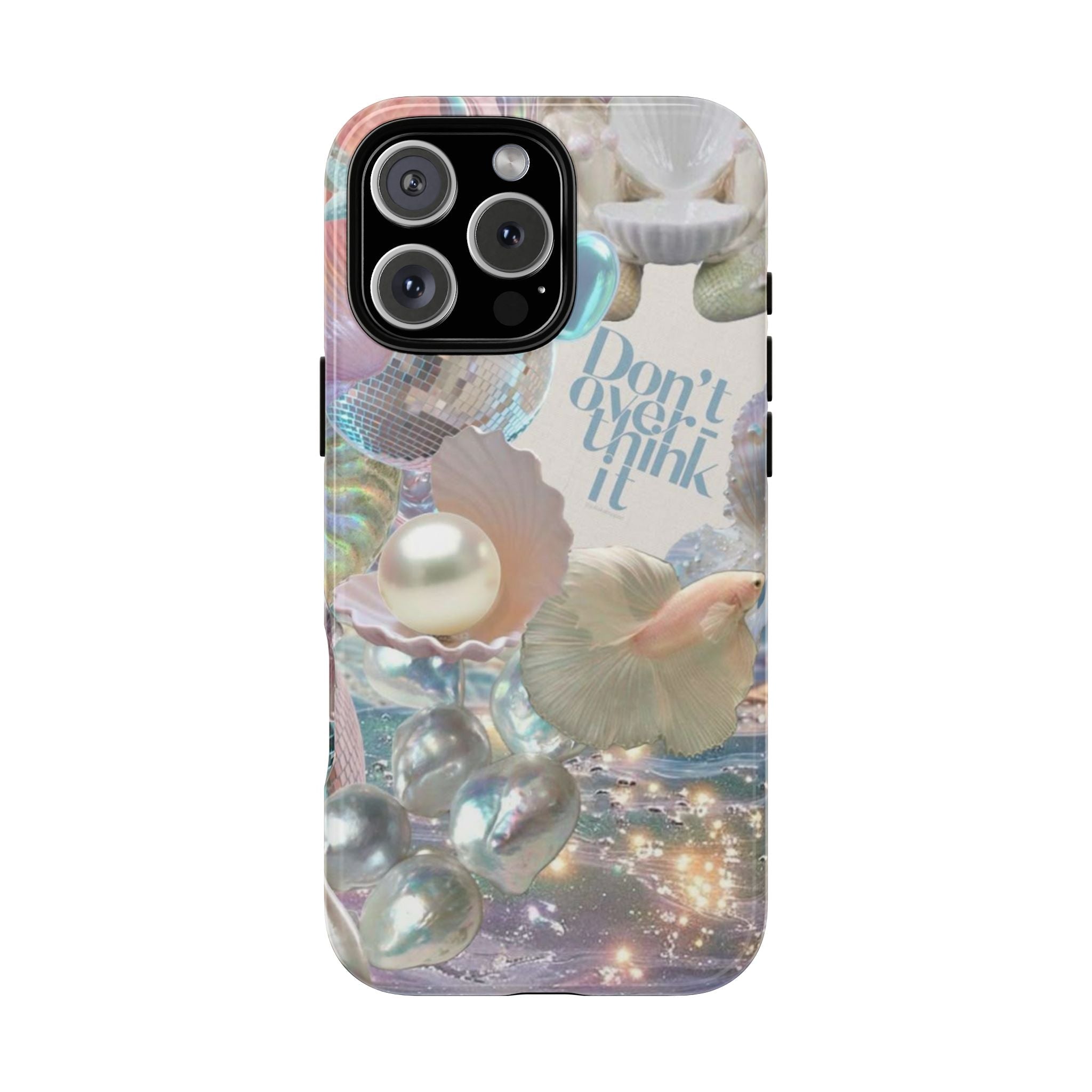 Iridescent pearl shell phone case with rainbow shimmer; raised camera cutouts