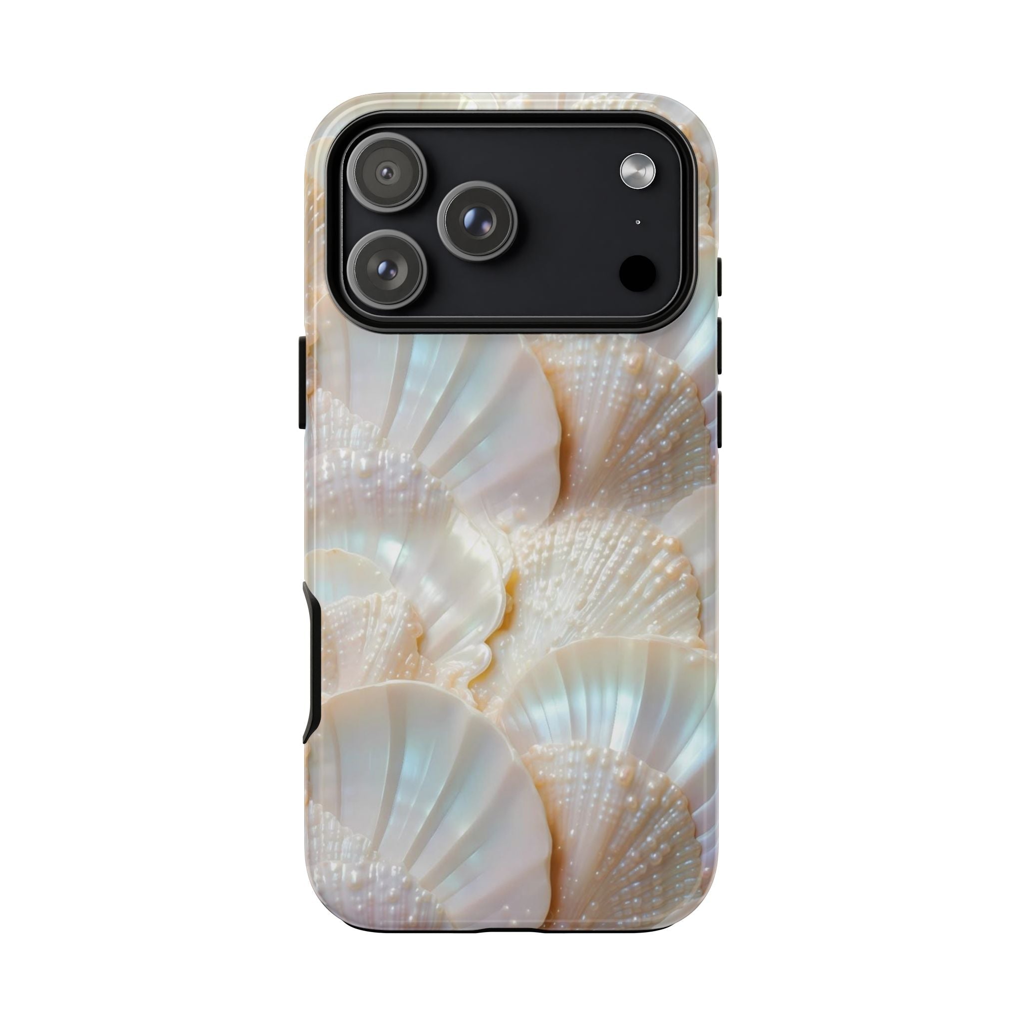 Sea shells phone case, iridescent fan design, black camera panel and side button openings