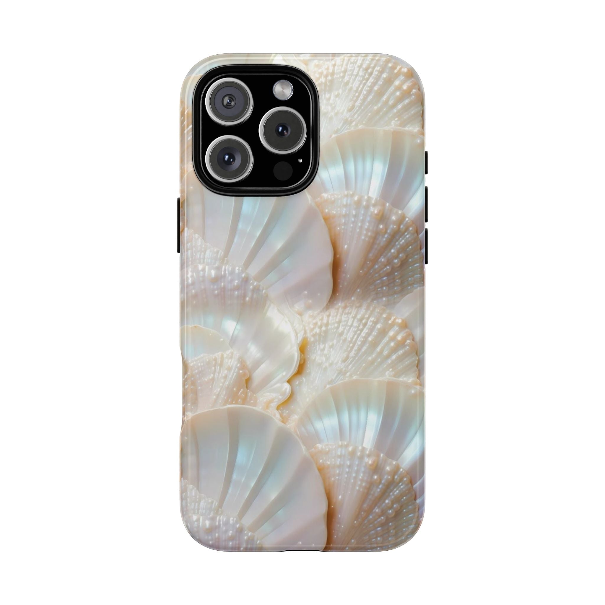 Iridescent sea shell phone case with pale mother-of-pearl fan patterns and camera cutout