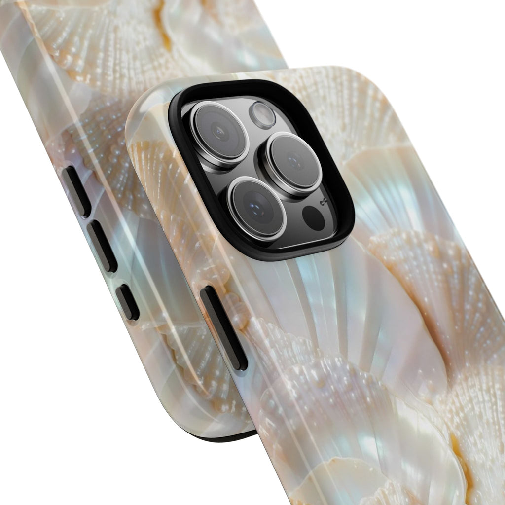 Iridescent shell phone case with fan ridges, raised lens frames and cutouts
