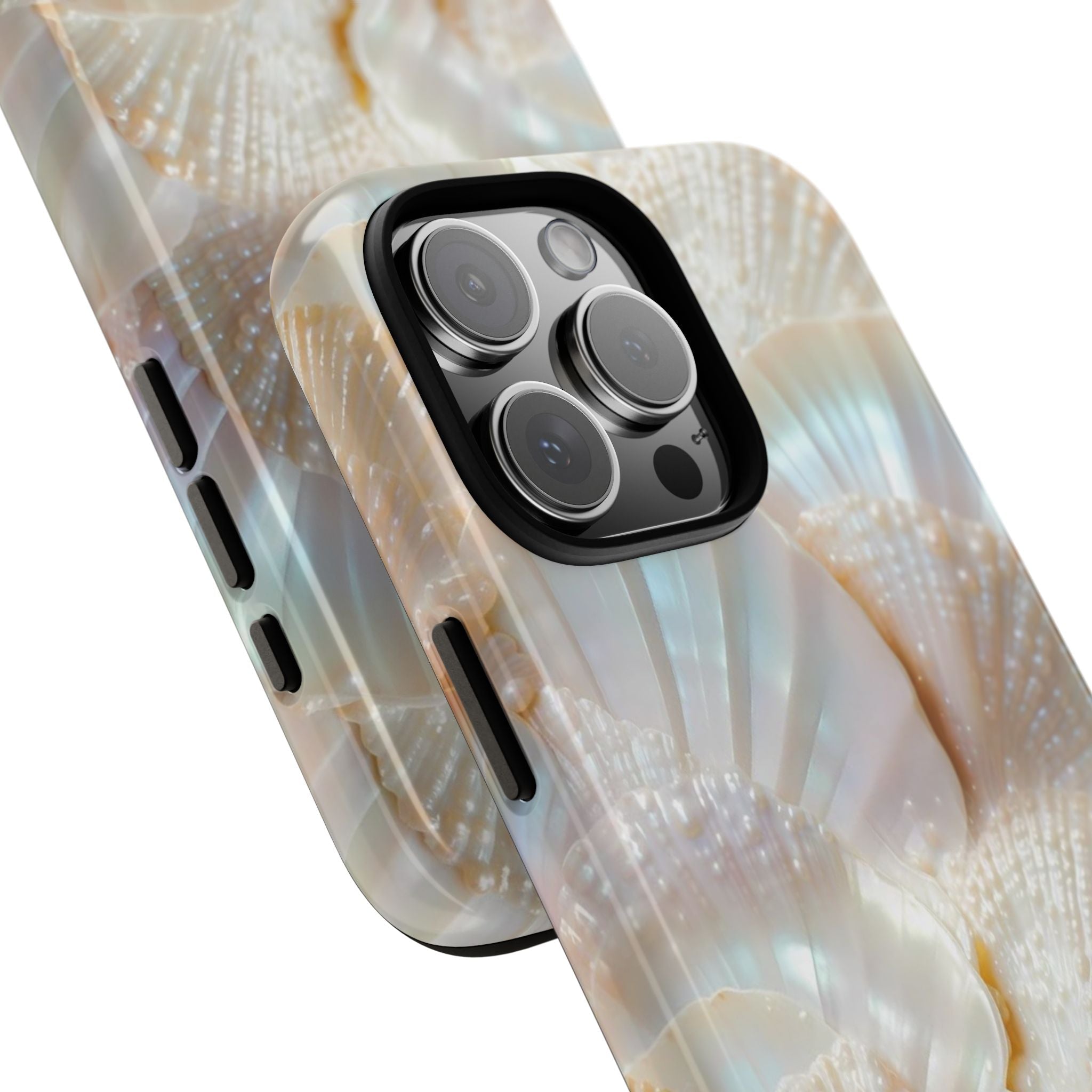 Iridescent shell phone case with fan ridges, raised lens frames and cutouts