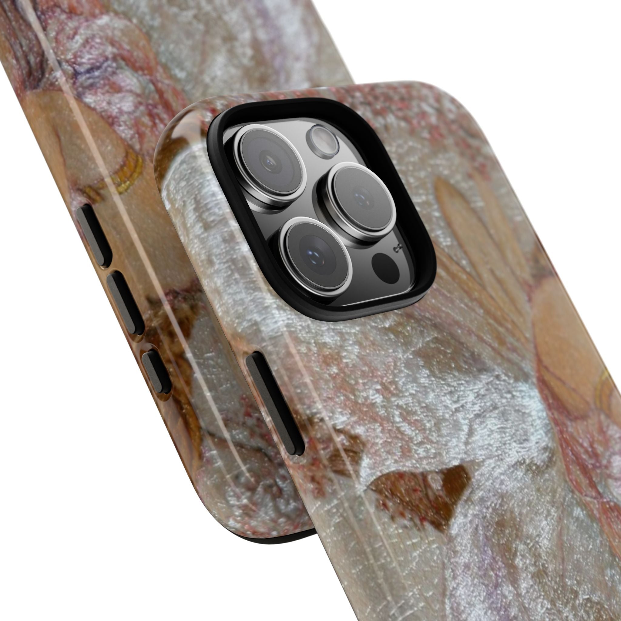 Iridescent wing phone case angled view with side cutouts and camera bump