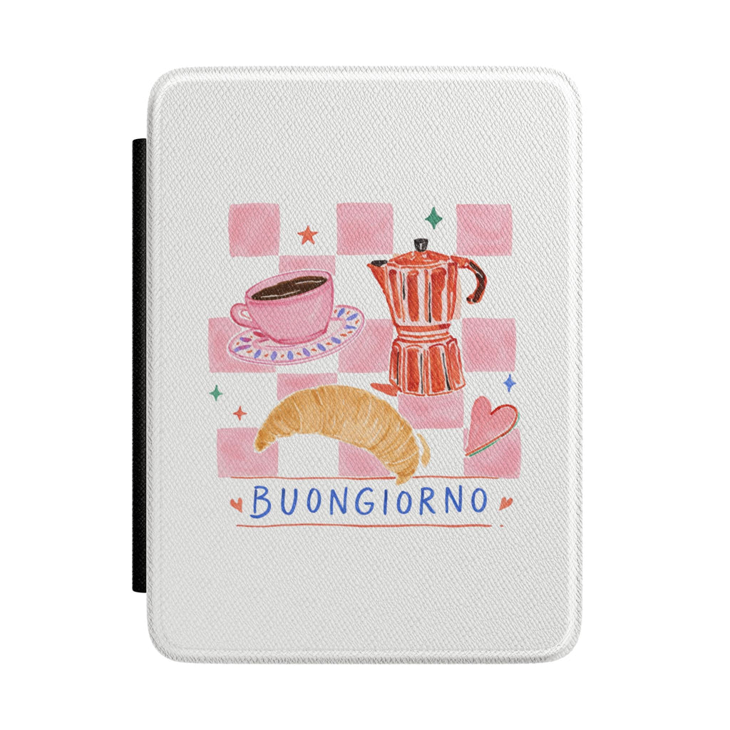 White textured hardcover Kindle case with breakfast illustration and “Buongiorno” text