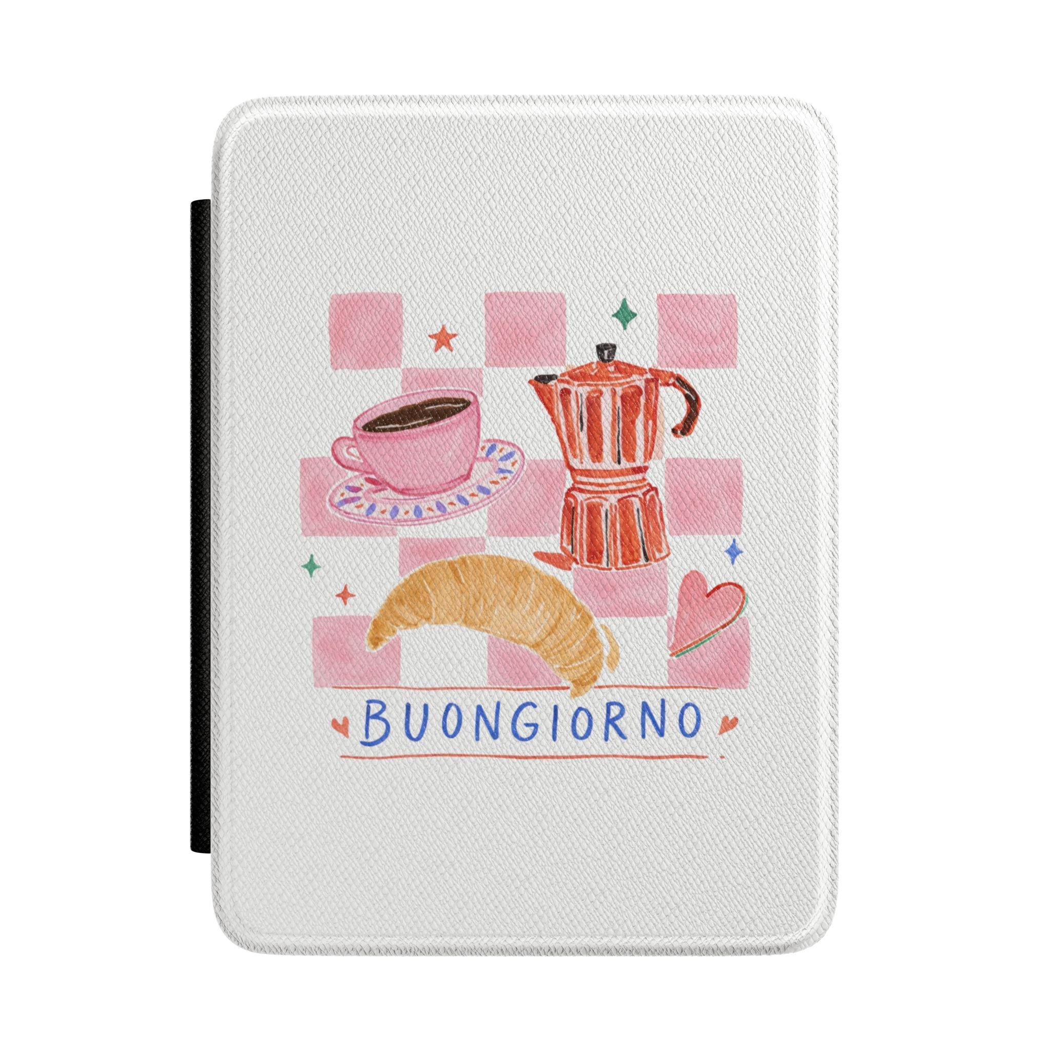 White textured hardcover Kindle case with breakfast illustration and “Buongiorno” text
