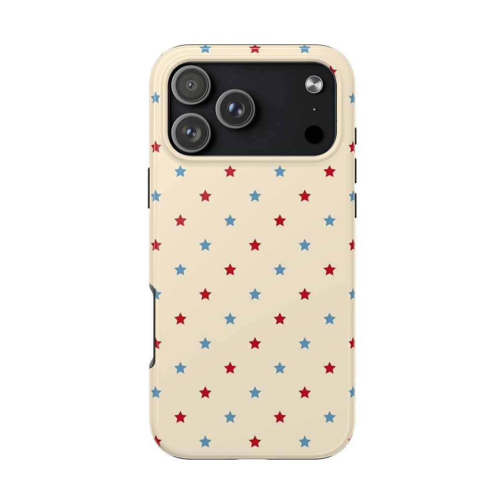 Ivory phone case with red and blue star pattern; raised edge around camera cutout