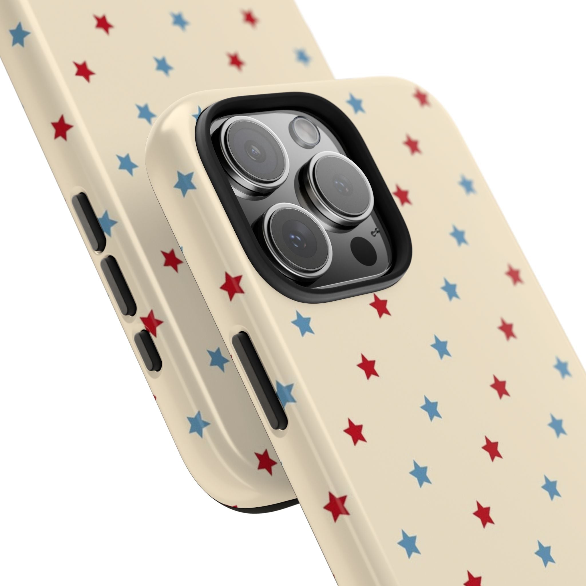 Ivory star phone case with camera cutout and lens ring detail; side button cutouts