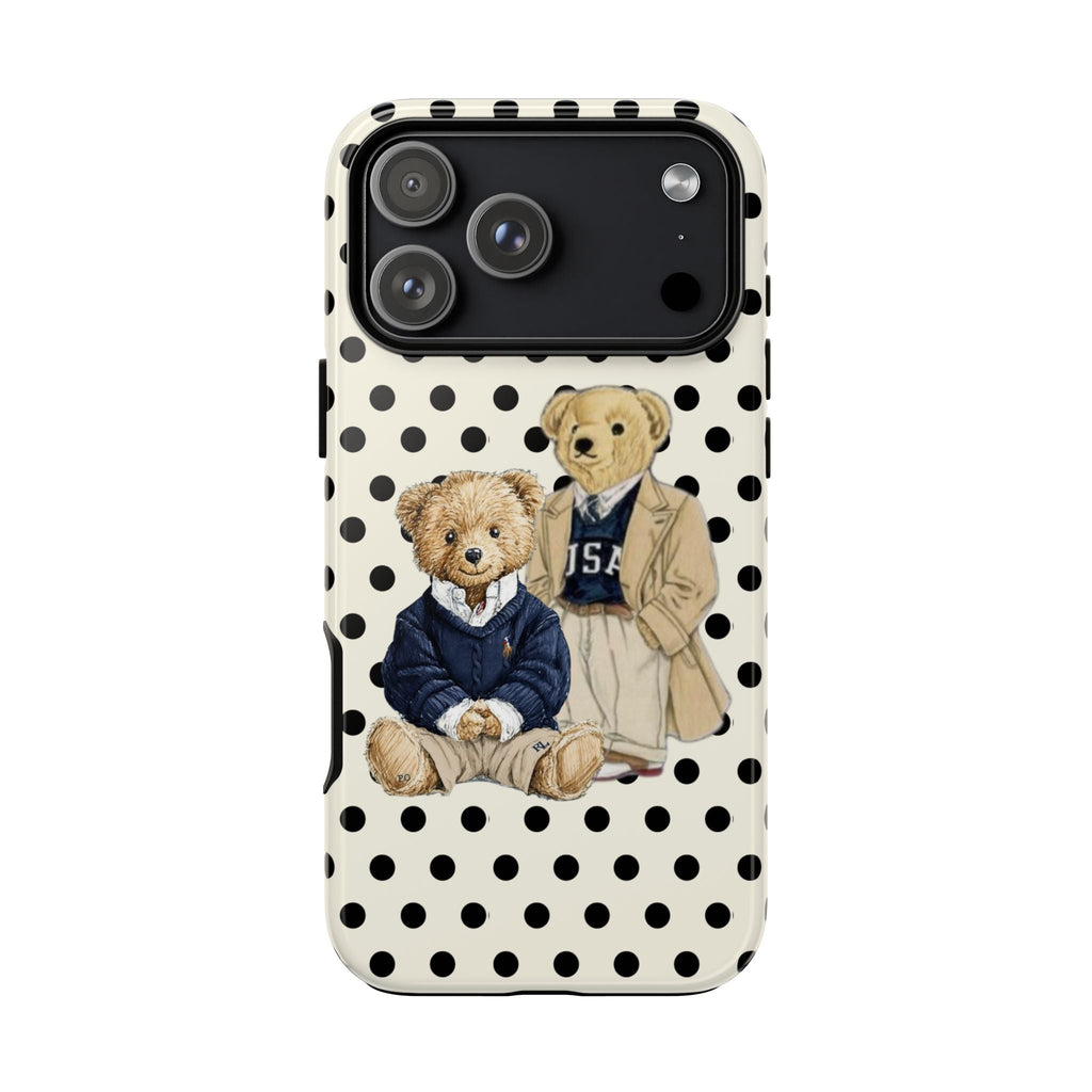 Ivory phone case with teddy bear couple in outfits, black polka dots, large camera area