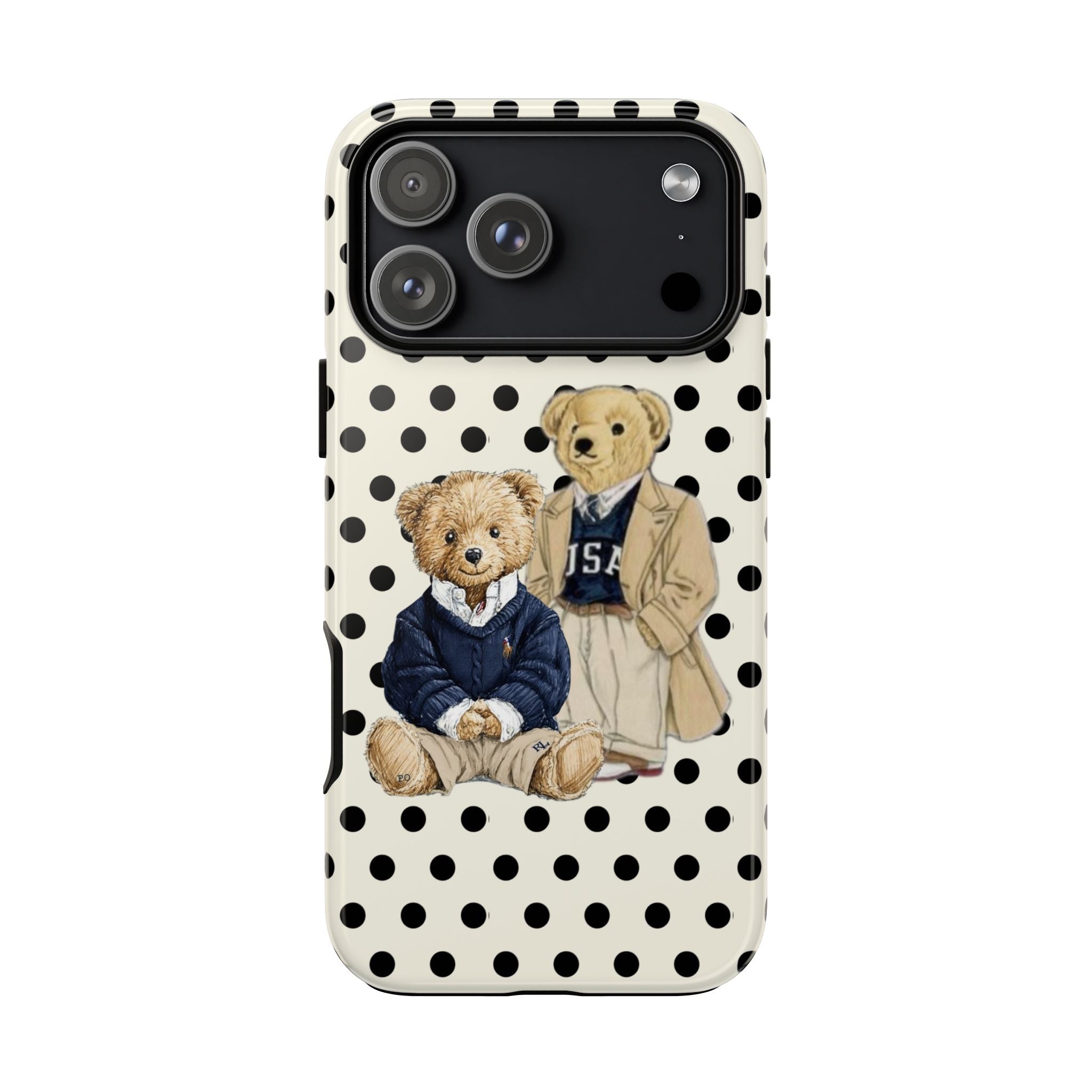 Ivory phone case with teddy bear couple in outfits, black polka dots, large camera area