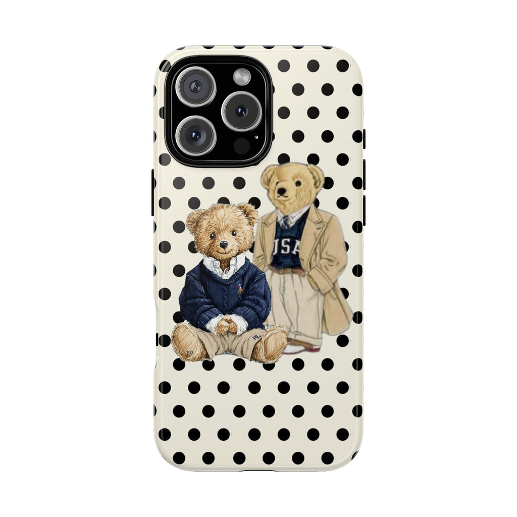 Ivory case with black polka dots and two teddy bear figures sitting by camera cutout
