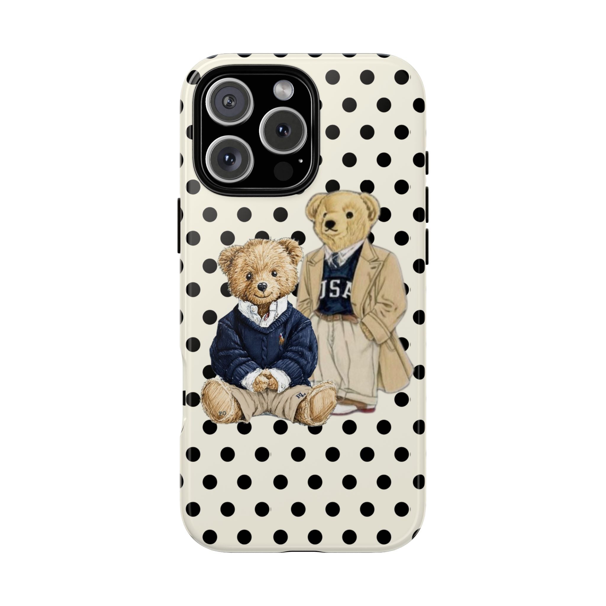 Ivory case with black polka dots and two teddy bear figures sitting by camera cutout