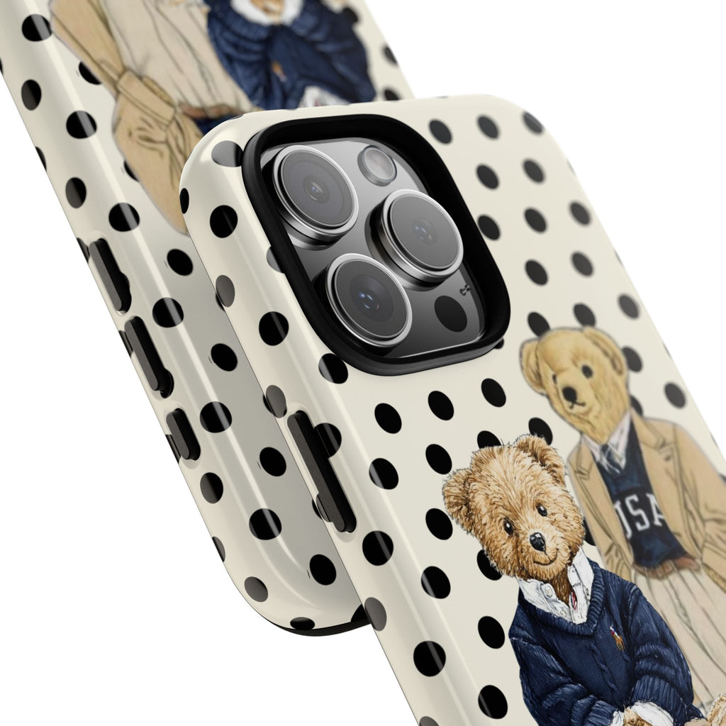 Slanted view of ivory case: black polka dots, teddy bear designs, triple camera lens cutout
