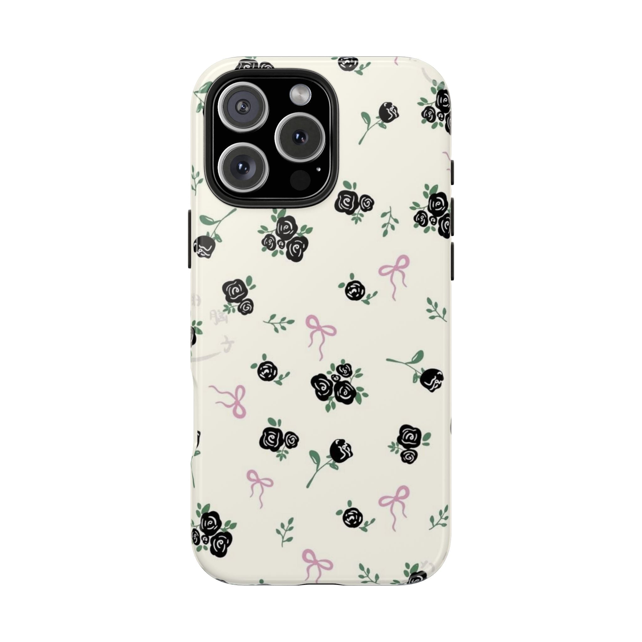 Ivory phone case with rose floral print, green leaves, and pink bows; camera cutout