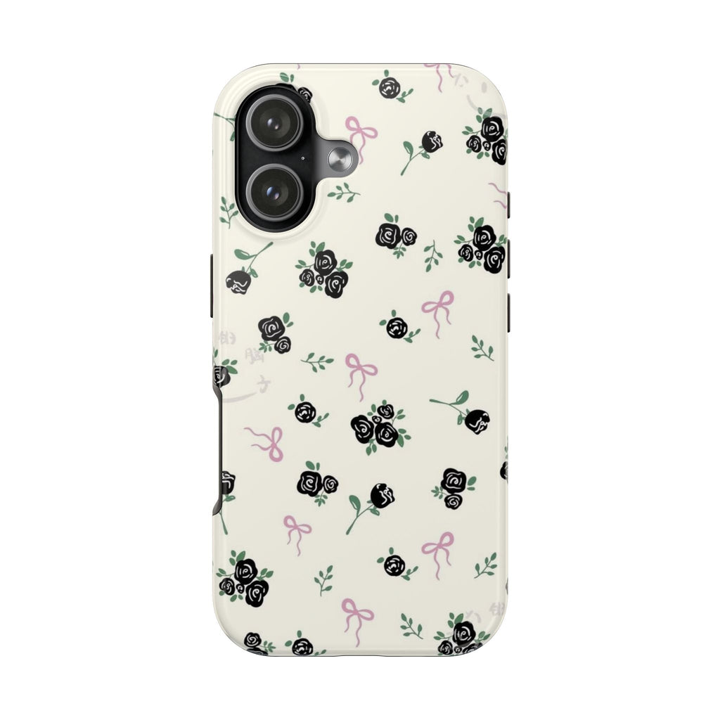 Ivory phone case with black rose floral pattern and small pink bow accents