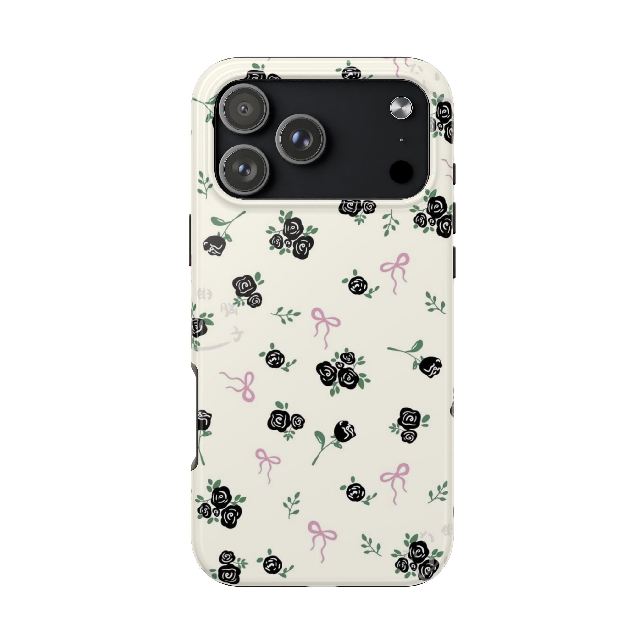 Ivory phone case with black roses, green leaves, and pink ribbon bows; camera area