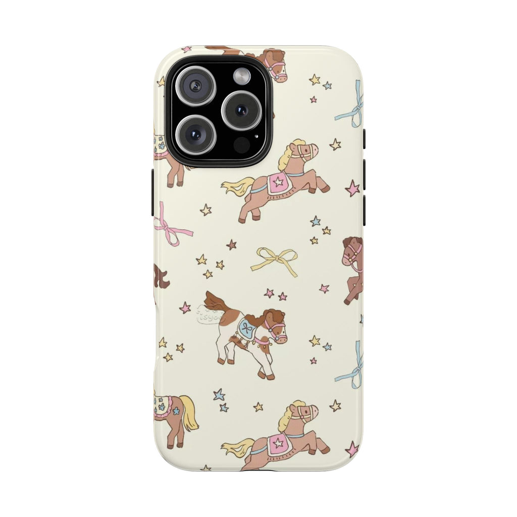 Ivory phone case with black camera cutout and colorful pony motif with bows