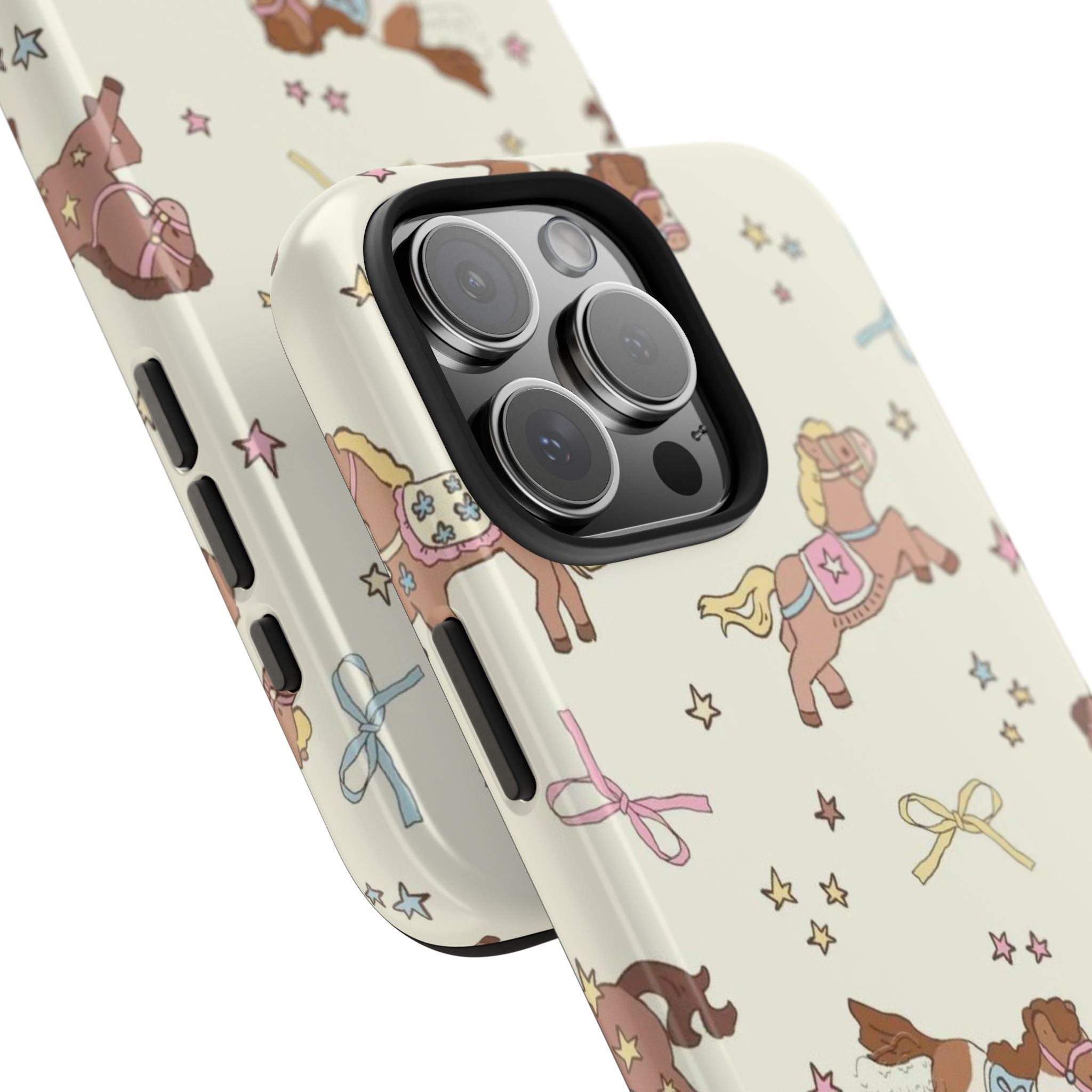 Ivory phone case angled view, pony pattern around camera module and side buttons