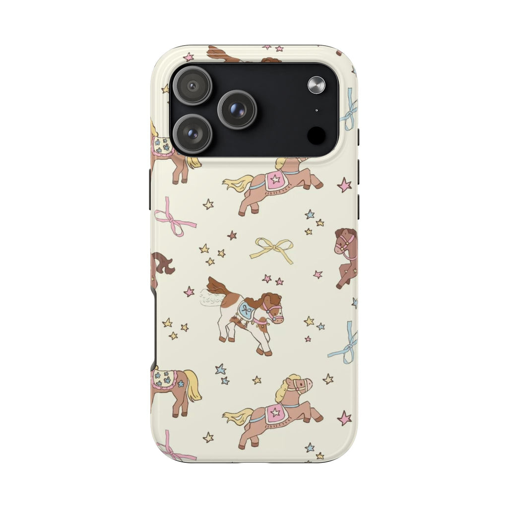 Ivory phone case with pink and blue carousel ponies, stars, bows pattern
