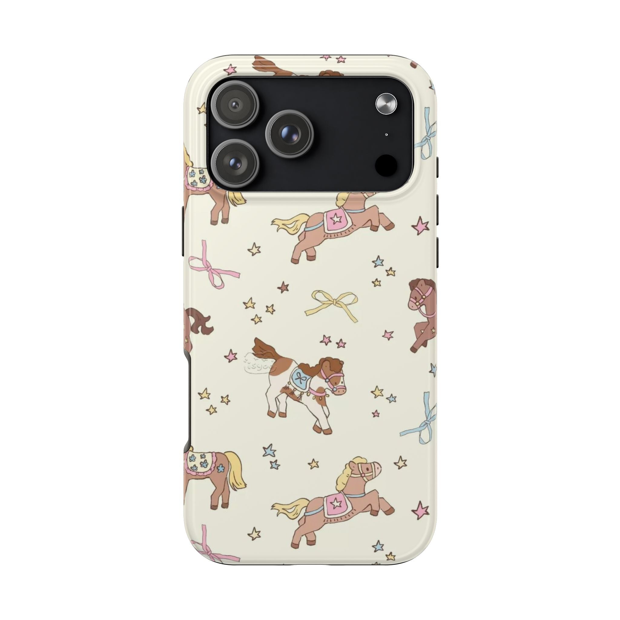 Ivory phone case with pink and blue carousel ponies, stars, bows pattern