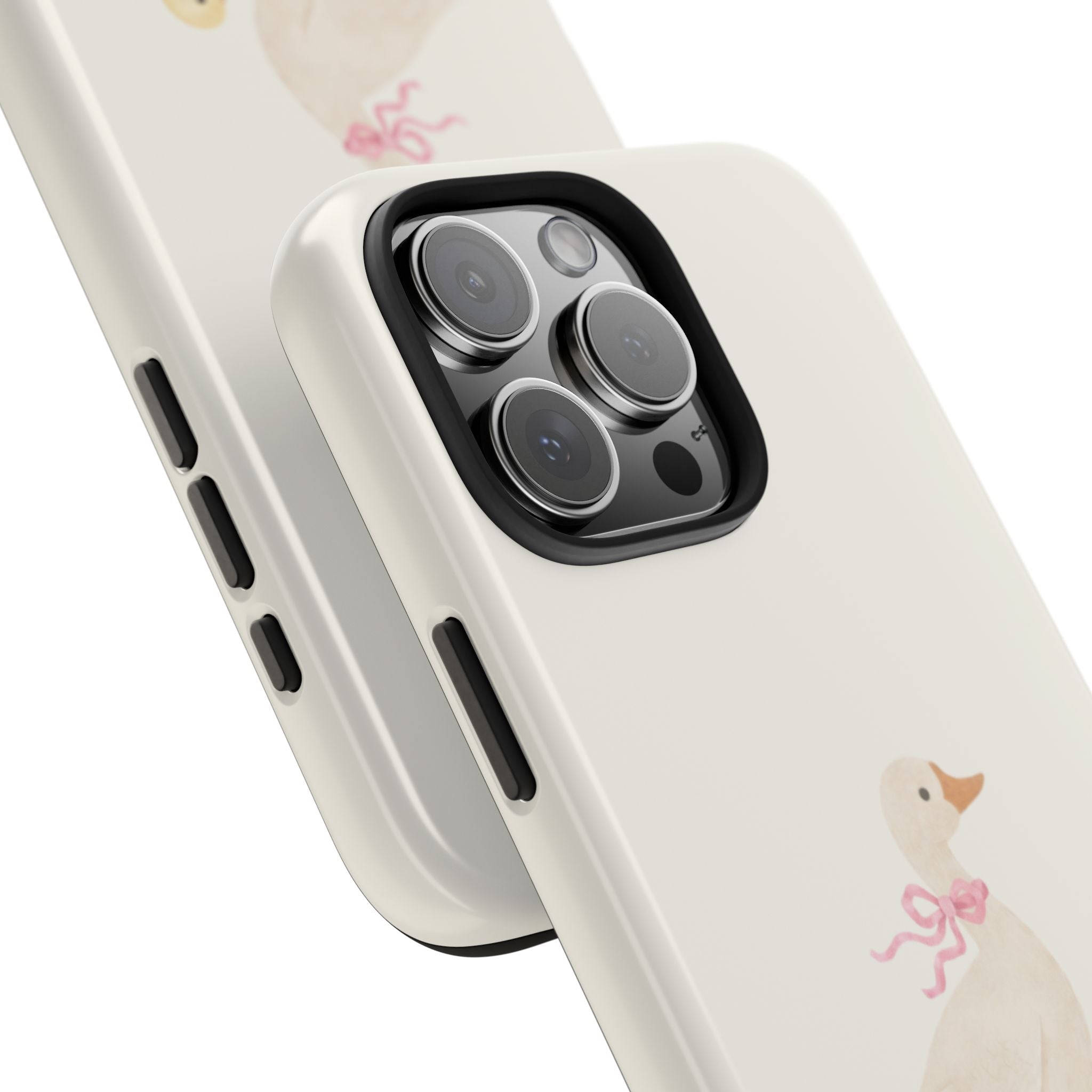Ivory phone case side view with duck design and camera cutout on back