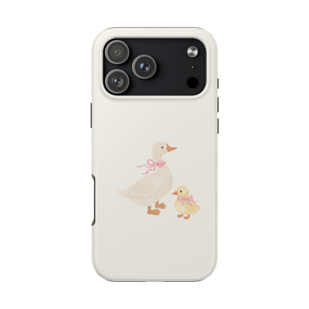 Ivory phone case with cute duck and chick illustration, camera cutouts