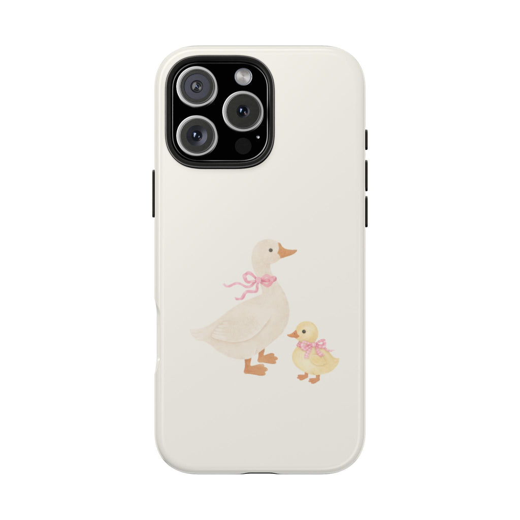 Ivory phone case with duck-and-chick design, raised camera lens cover