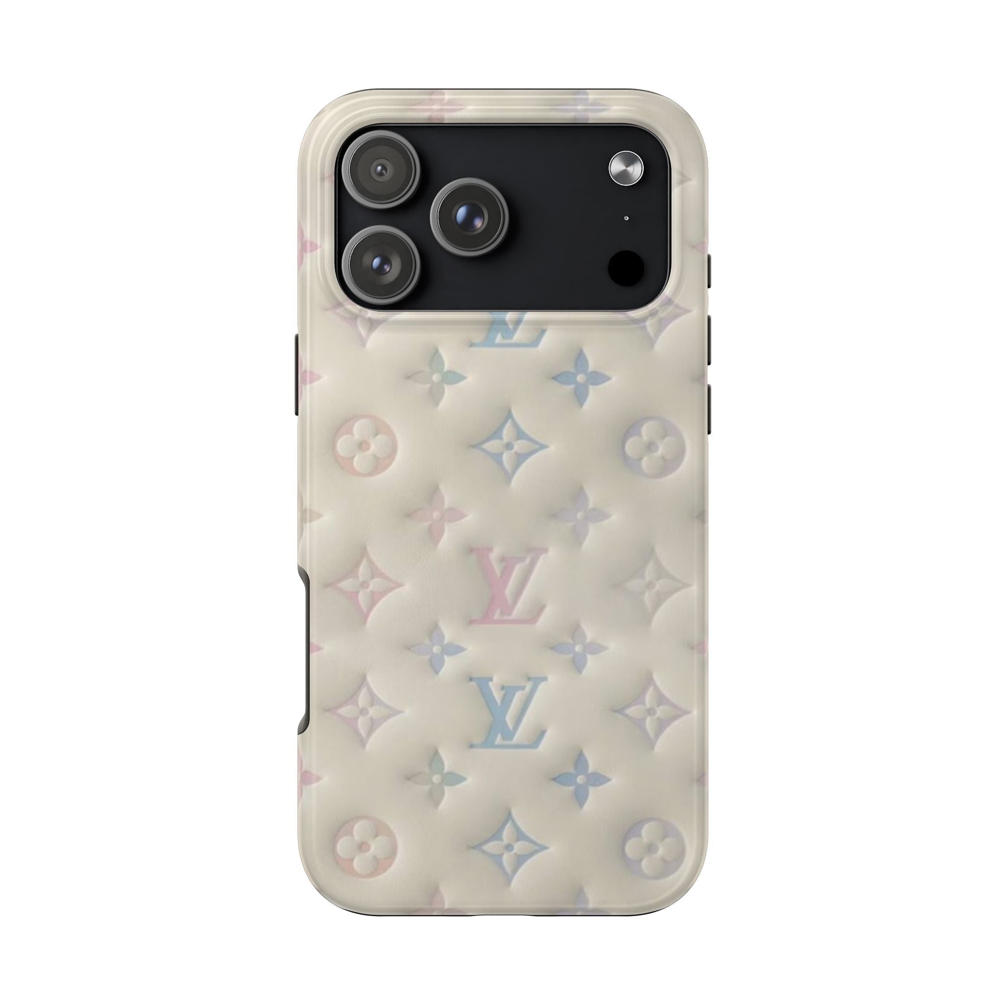 Ivory LV-pattern phone case with multicolor flowers; raised camera cutout