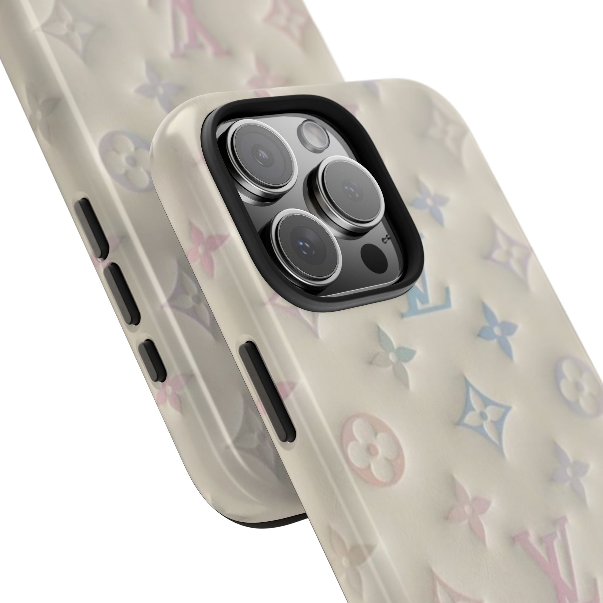 Angled view: ivory LV monogram phone case with flower pattern over triple-camera cutout