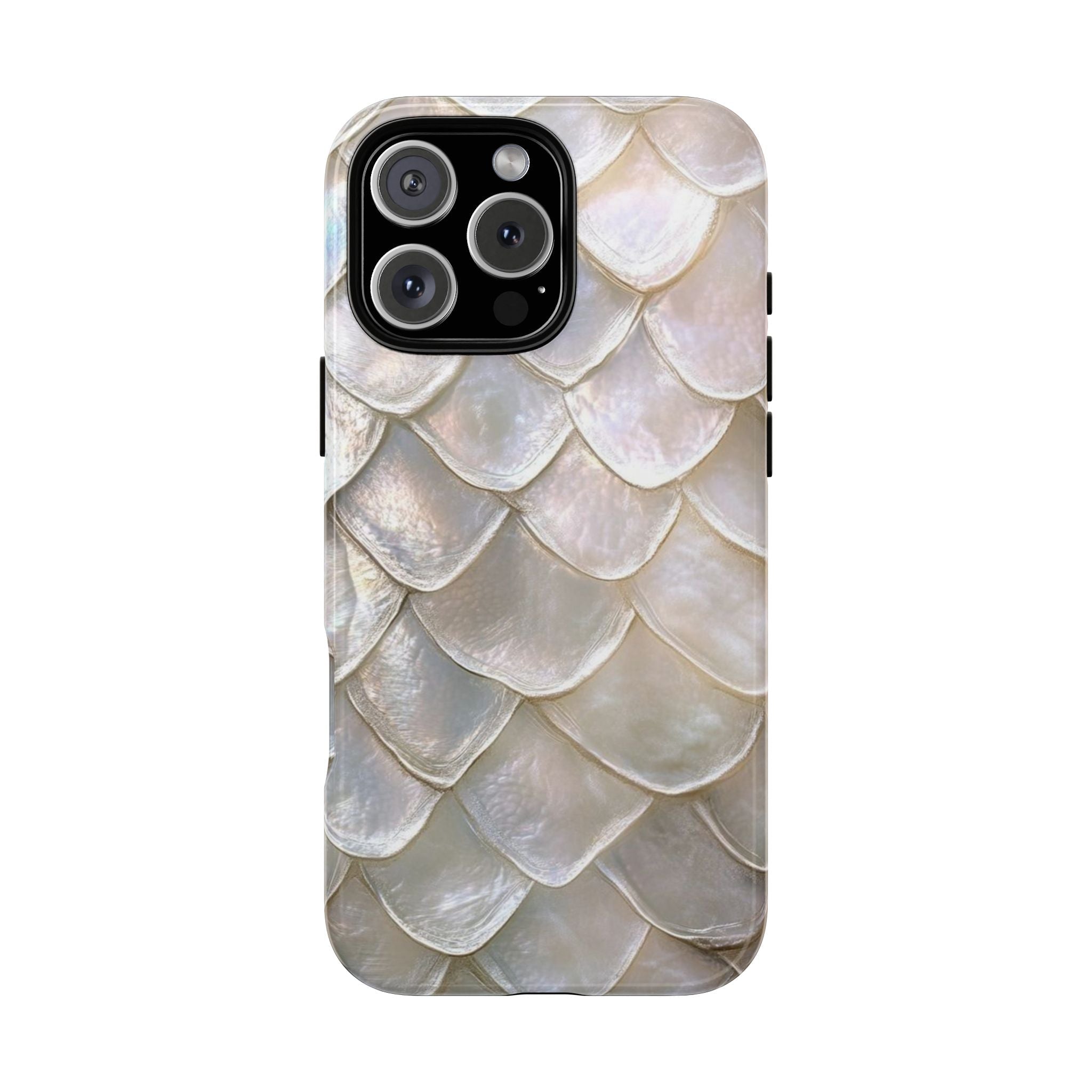 Ivory mermaid shell phone case with pearlescent scale texture and camera cutouts