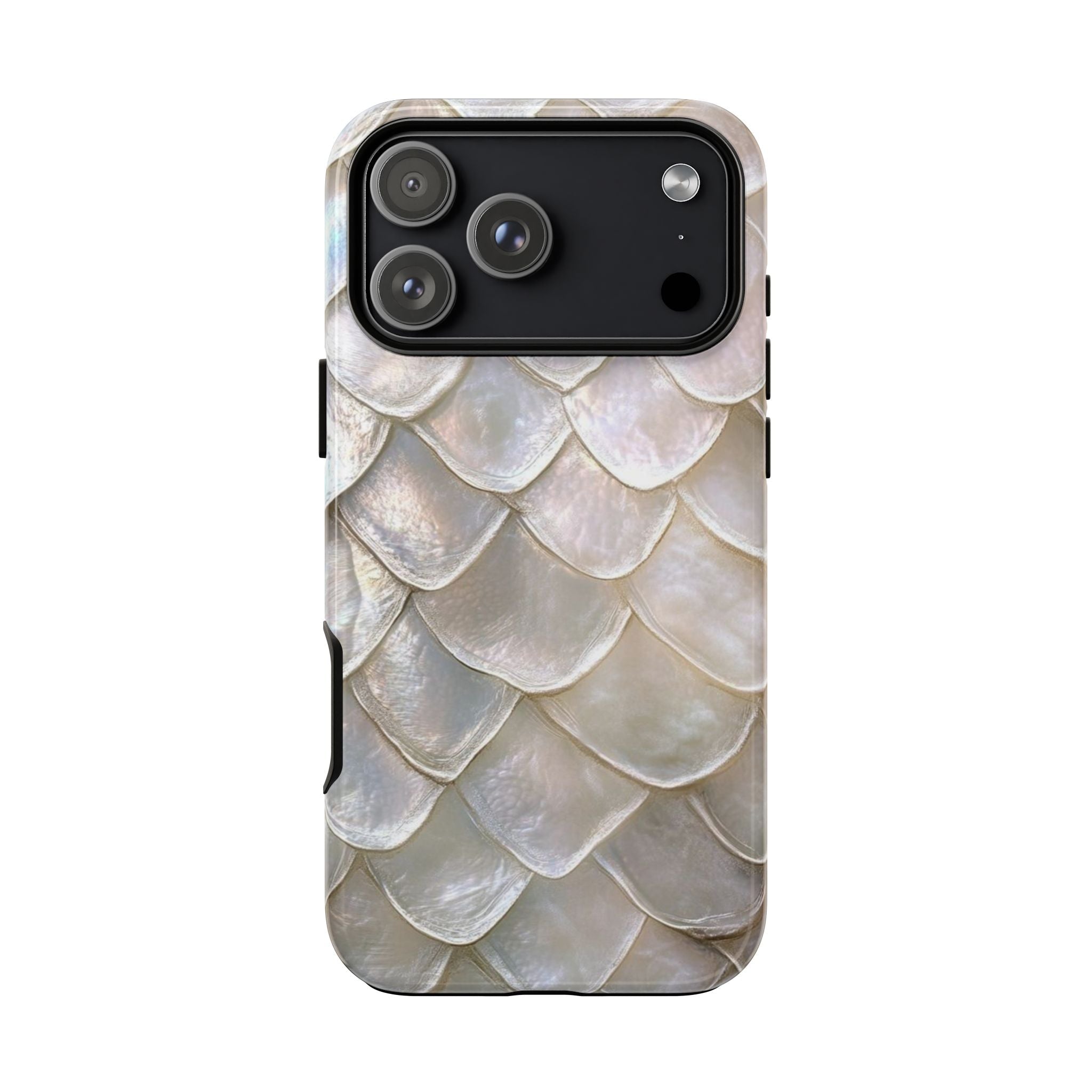 Ivory mermaid shell phone case with glossy pearlescent scales and camera window cutout