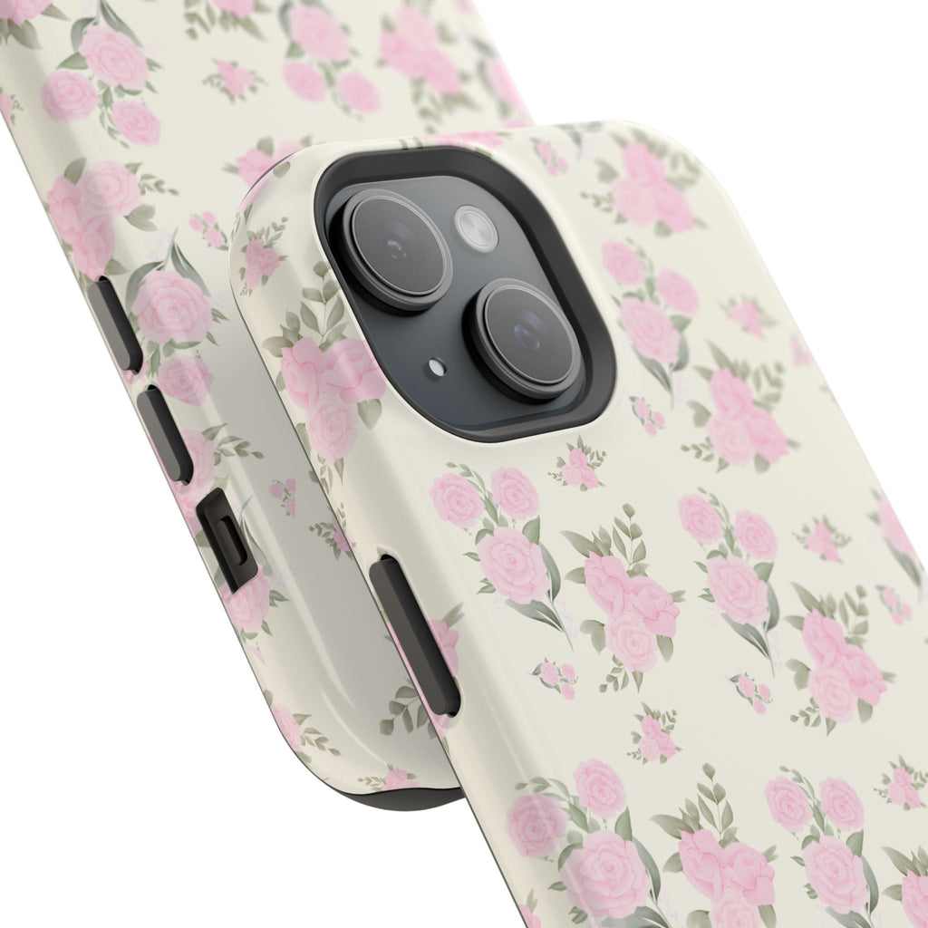 Ivory floral phone case with pink roses and leaf sprigs, side button cutouts visible