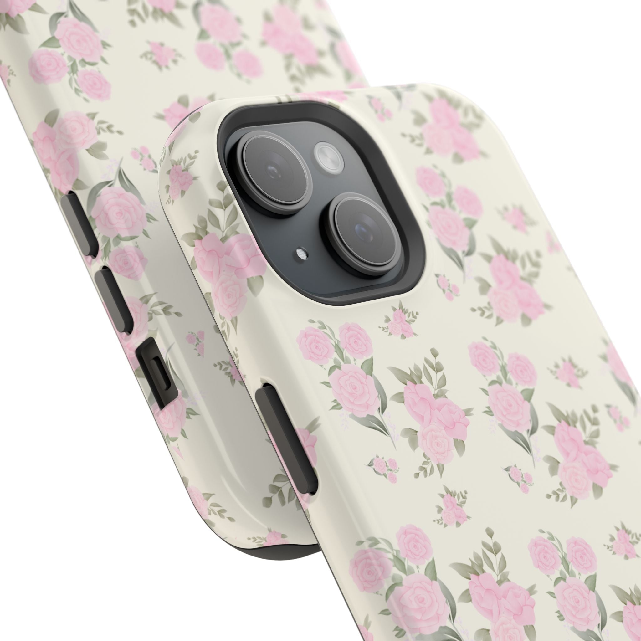 Ivory floral phone case with pink roses and leaf sprigs, side button cutouts visible
