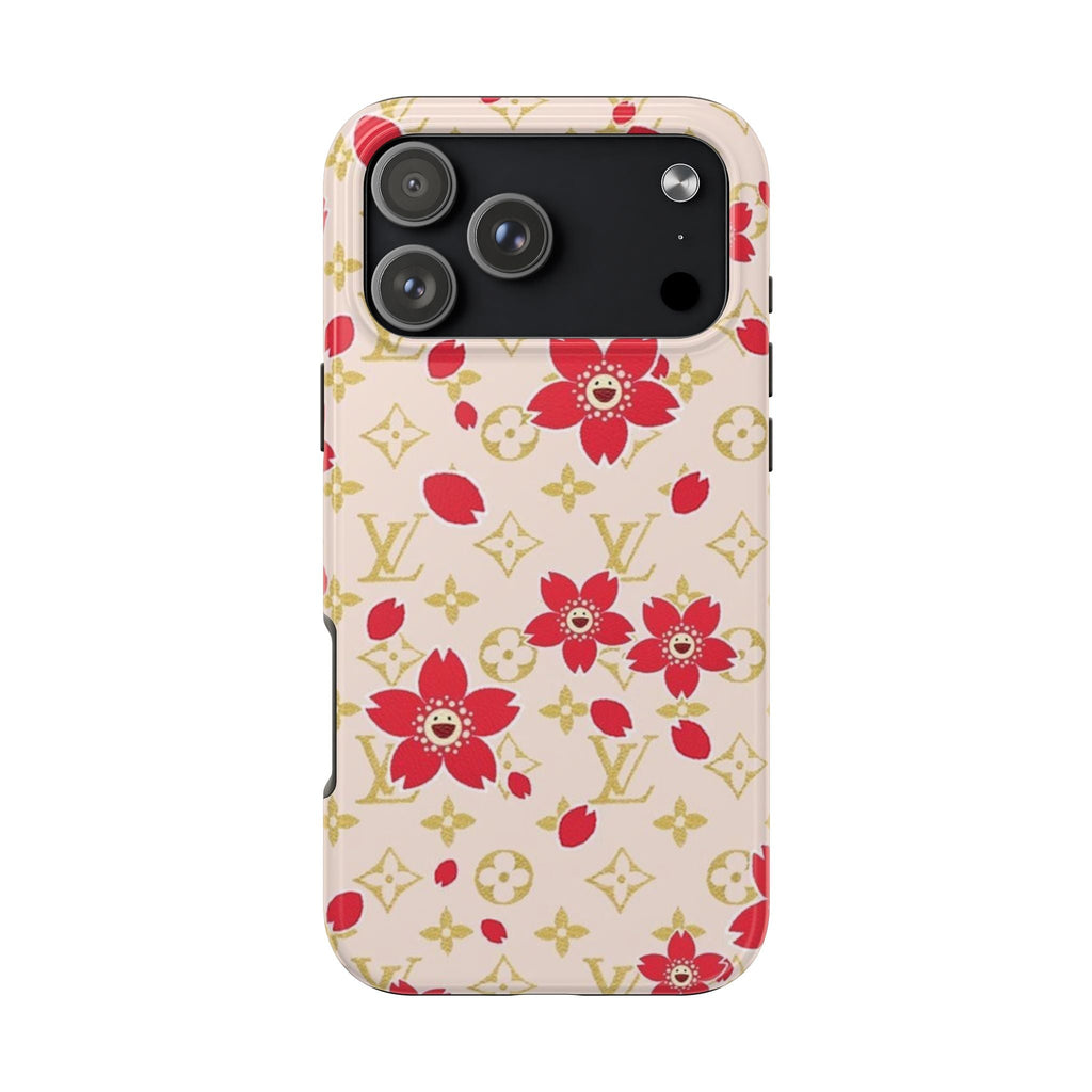 Ivory phone case with red floral pattern and gold LV monograms
