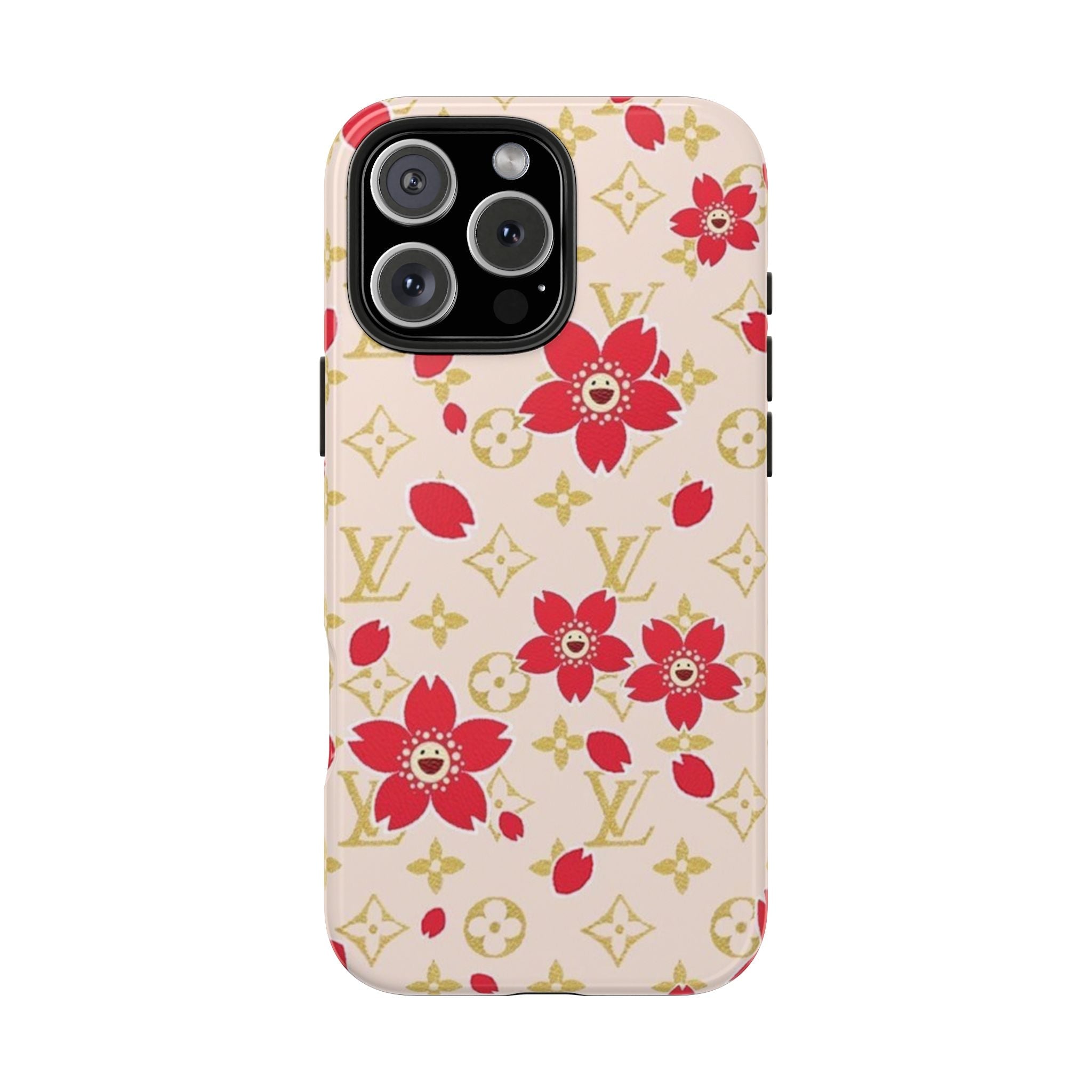 Ivory phone case with red flowers, leaves, and gold LV monograms