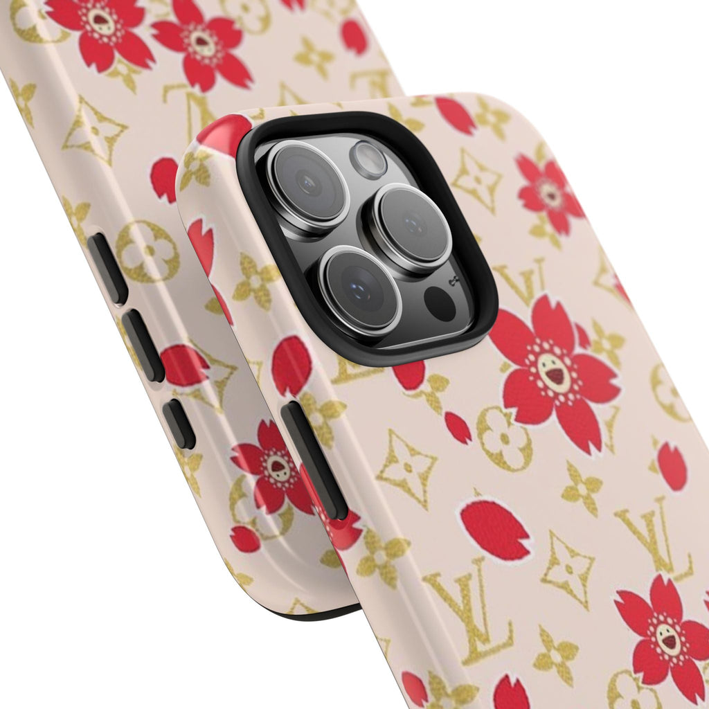 Ivory phone case with red floral print and raised camera cutout