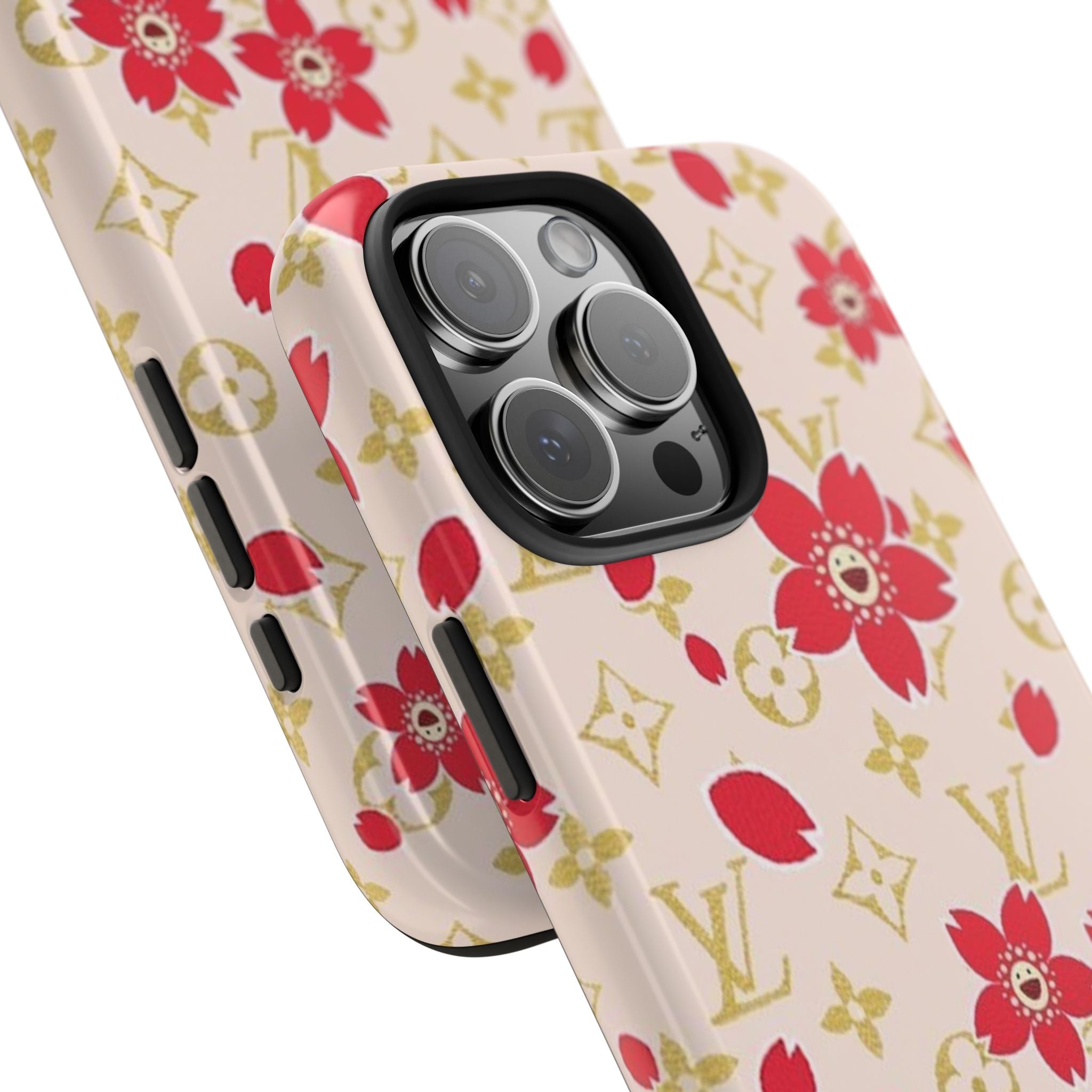 Ivory phone case with red floral print and raised camera cutout