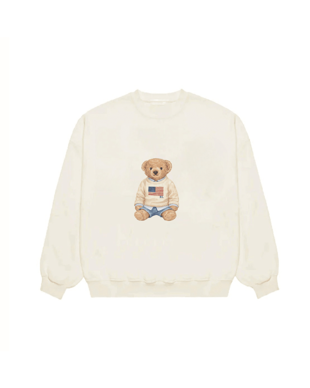 Ivory crewneck sweatshirt with teddy bear graphic on front