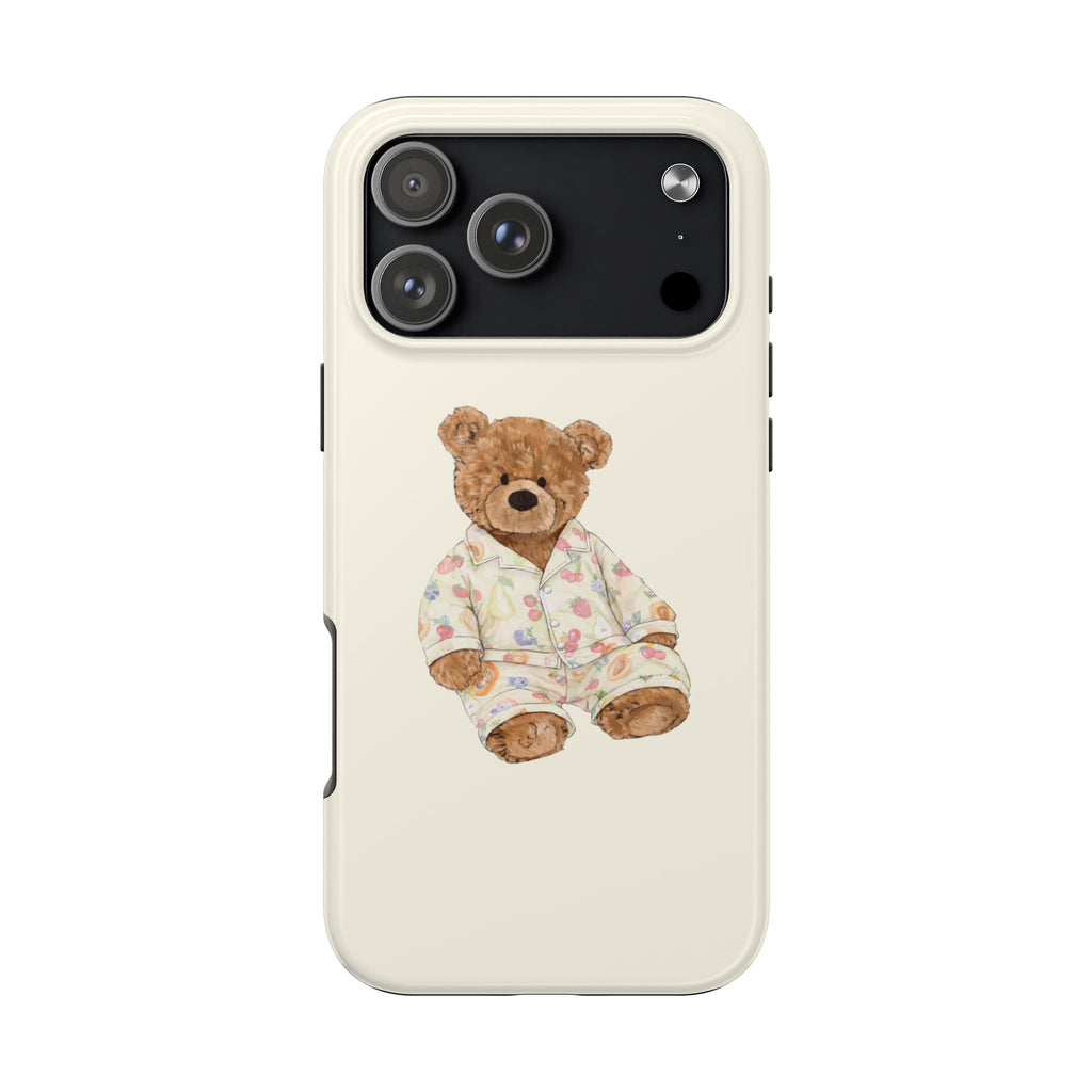 Ivory teddy bear fruit pajama phone case, back view with teddy in printed pajamas