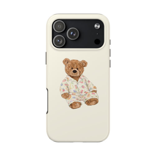 Ivory teddy bear fruit pajama phone case, back view with teddy in printed pajamas