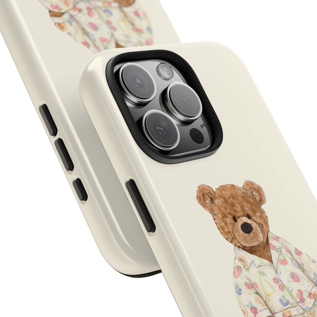 Ivory teddy bear fruit pajama phone case detail, side buttons and teddy graphic
