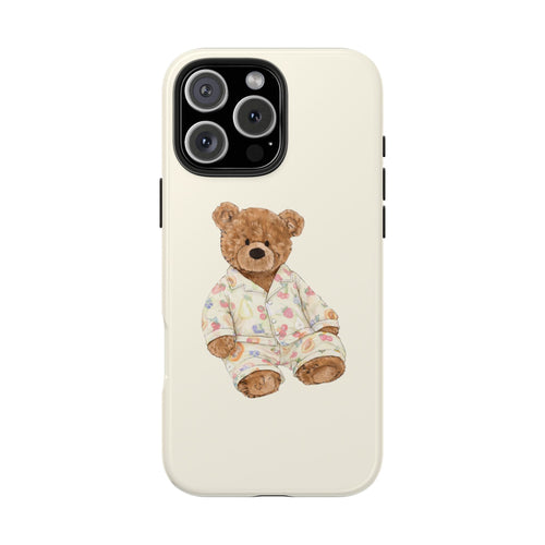 Ivory teddy bear fruit pajama phone case with teddy wearing printed pajamas