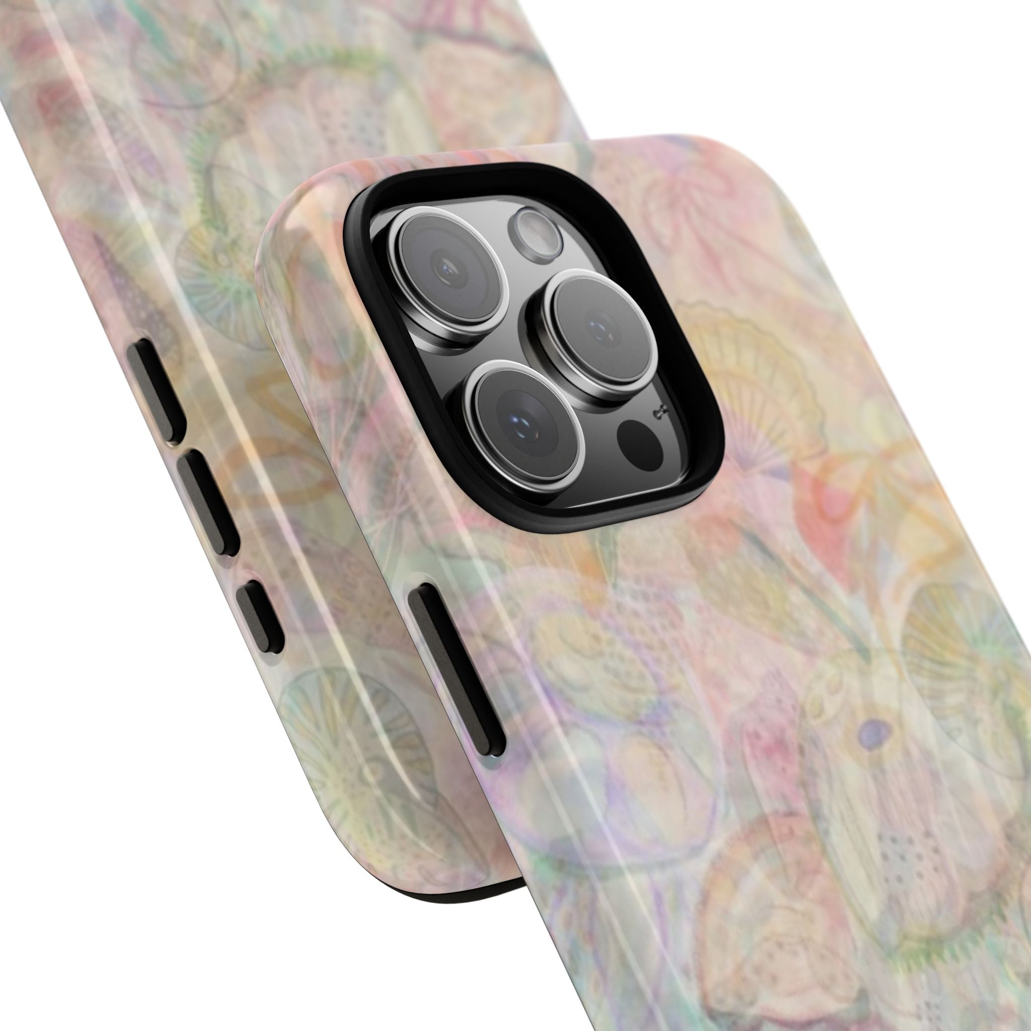 Angled view of pastel jellyfish & sea shell phone case with side button cutouts