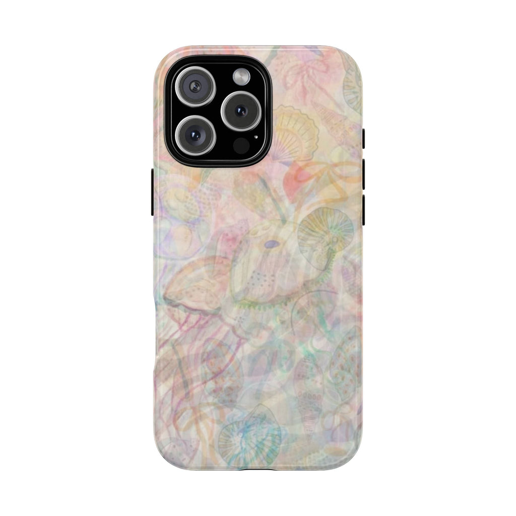 Jellyfish and sea shell phone case, pastel translucent with camera cutout